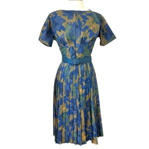 Vintage 60s R&K Originals Floral Blue and Green Dress with Pleated Skirt
